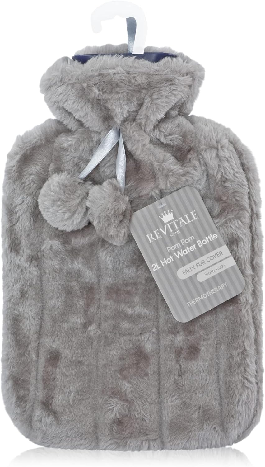 Pom-Pom-Hot-Water-Bottle-2L-Luxury-Cosy-Faux-Fur-Pom-Pom-Hot-Water-Bottle-Slate-Grey.jpg Pom Pom Hot Water Bottle - Image 1