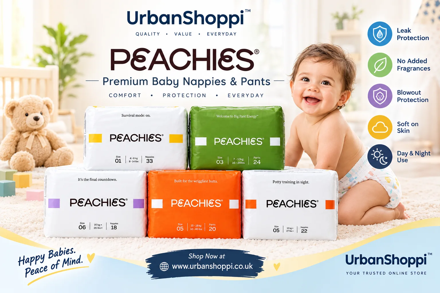 Peachies Premium Pants & Nappies All Size by UrbanShoppi Peachies Premium Pants & Nappies – Sizes 01–06 | 4–18kg